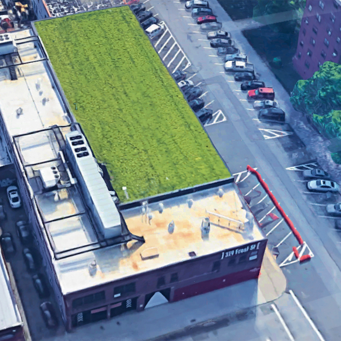 Google Maps View of Green Roof Providing Acrostic Isolation for Adaptive Reuse of a Warehouse to Entertainment Venue