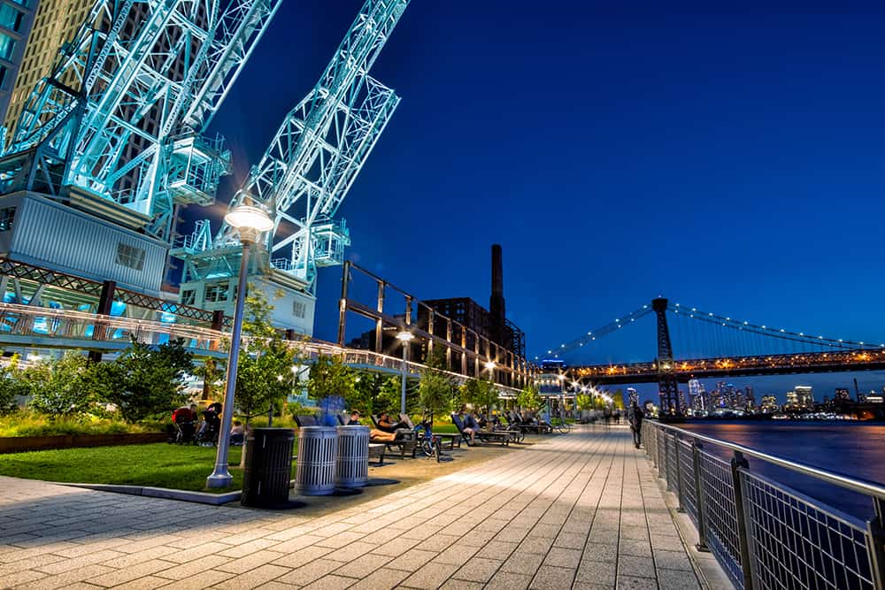 Domino Park Walkway at Night post Industrial Open Space Redevelopment