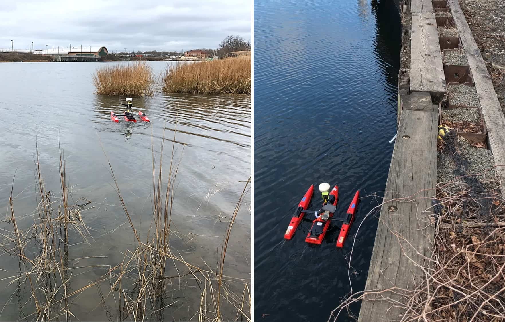 A Zboat conducting a hydrographic survey in shallow water