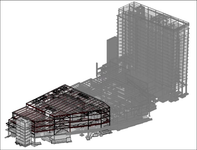 A 3D model of THE HALL addition in relation to the existing LIVE! Hotel and Conference Center structure