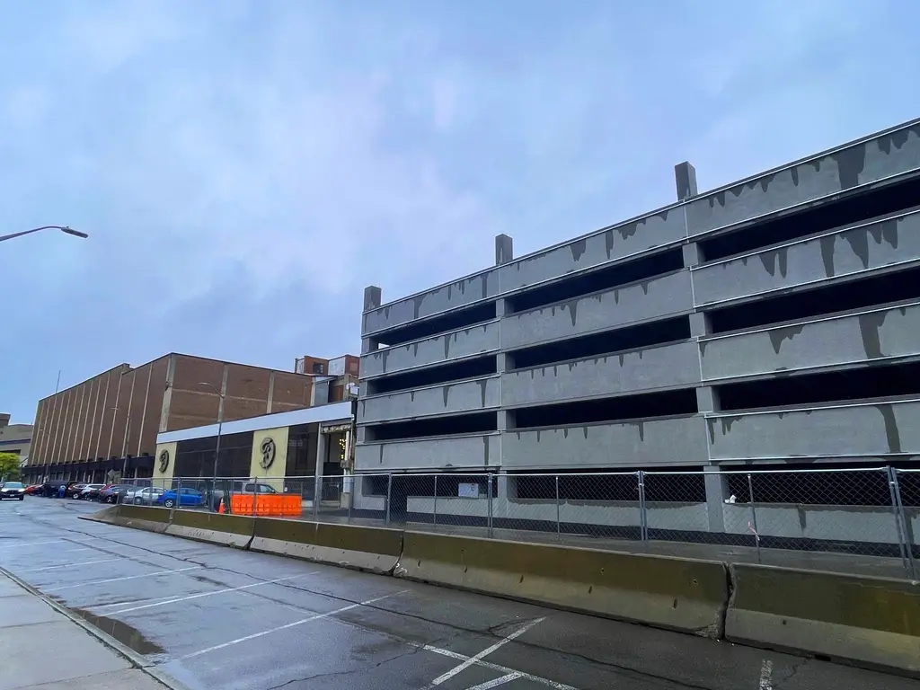 Side view of the nearly complete Water Street parking garage in Binghamton, NY