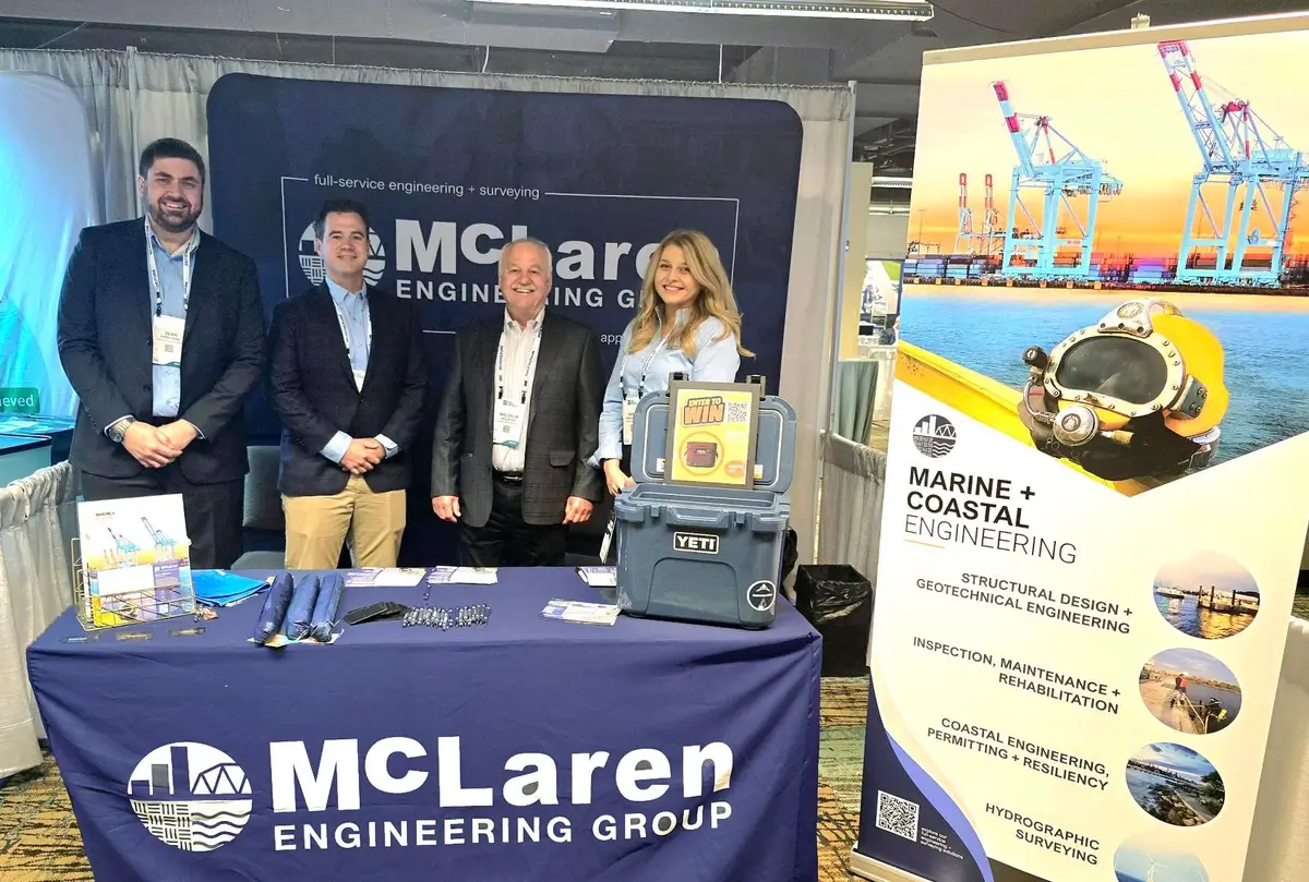 McLaren Engineering Group team members Malcolm McLaren, PE, Joseph Acosta, JJ Woolley, PE, Sean Dirscherl, PE, and Denisa Moss-Heitlager at their AAPA 2024 booth