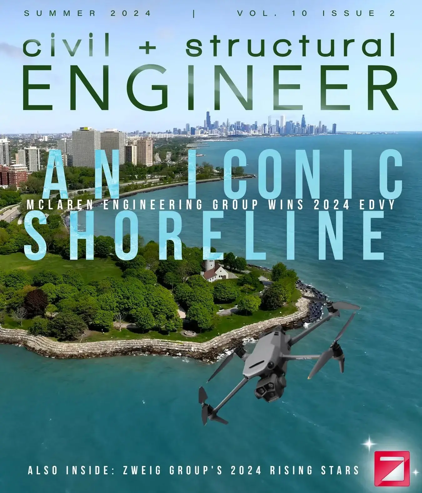 Civil + Structural Engineer Magazine Cover for their 2024 Summer issue, that features McLaren Engineering Group's Winning Drone Video