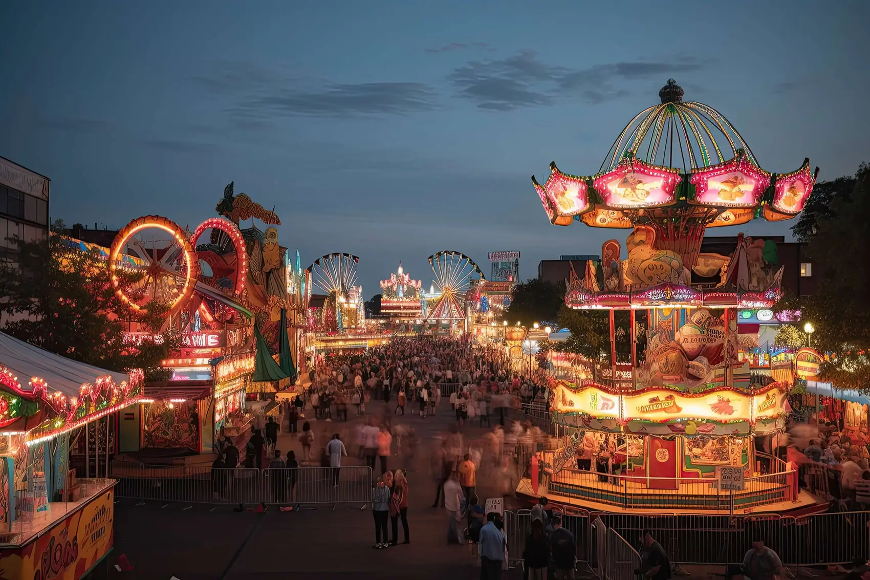 An Article by Bill Gorlin, VP of Entertainment at McLaren, on Enhancing Public Safety in Event Planning with the image showing a fairground with rides in the evening.