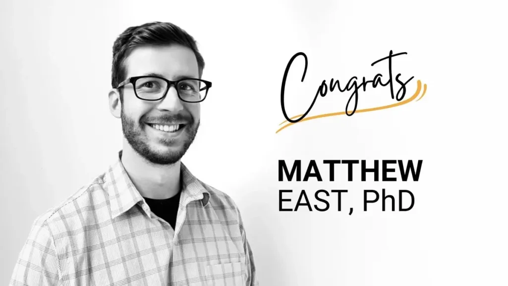 Congratulatory image for Matthew East, PhD, who won an award for his paper in structural engineering