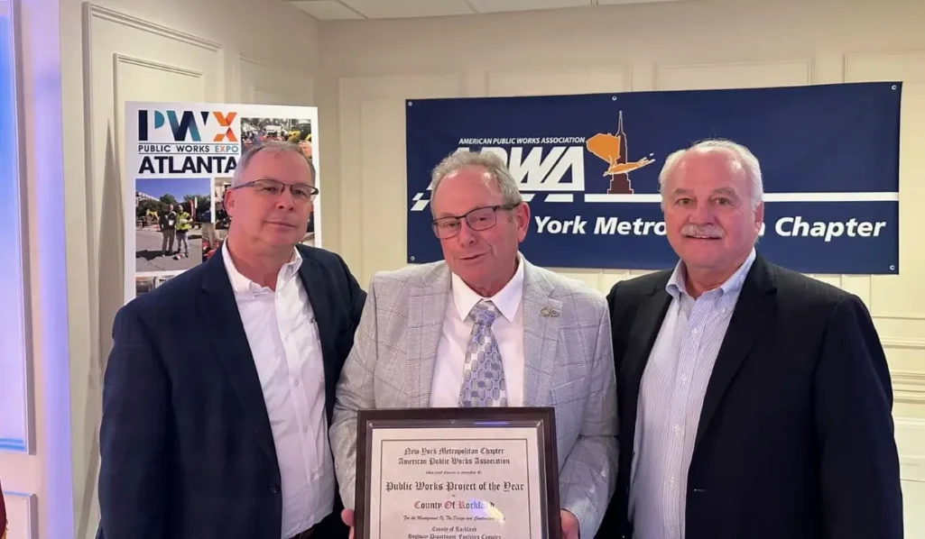 Malcolm McLaren, PE, Thomas Broderick, PE, LEED AP, and Andrew Connors posing for a picture to celebrate the award-winning Rockland County Highway Facility Complex, a McLaren project